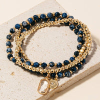 Rectangle Gem And Disc Charm Beaded Bracelet Set - Moss