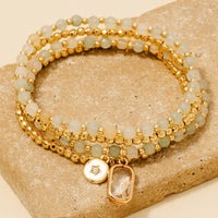 Rectangle Gem And Disc Charm Beaded Bracelet Set - Moss