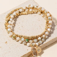Rectangle Gem And Disc Charm Beaded Bracelet Set - Moss