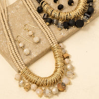 Mixed Beaded Layered Statement Necklace Set - Black