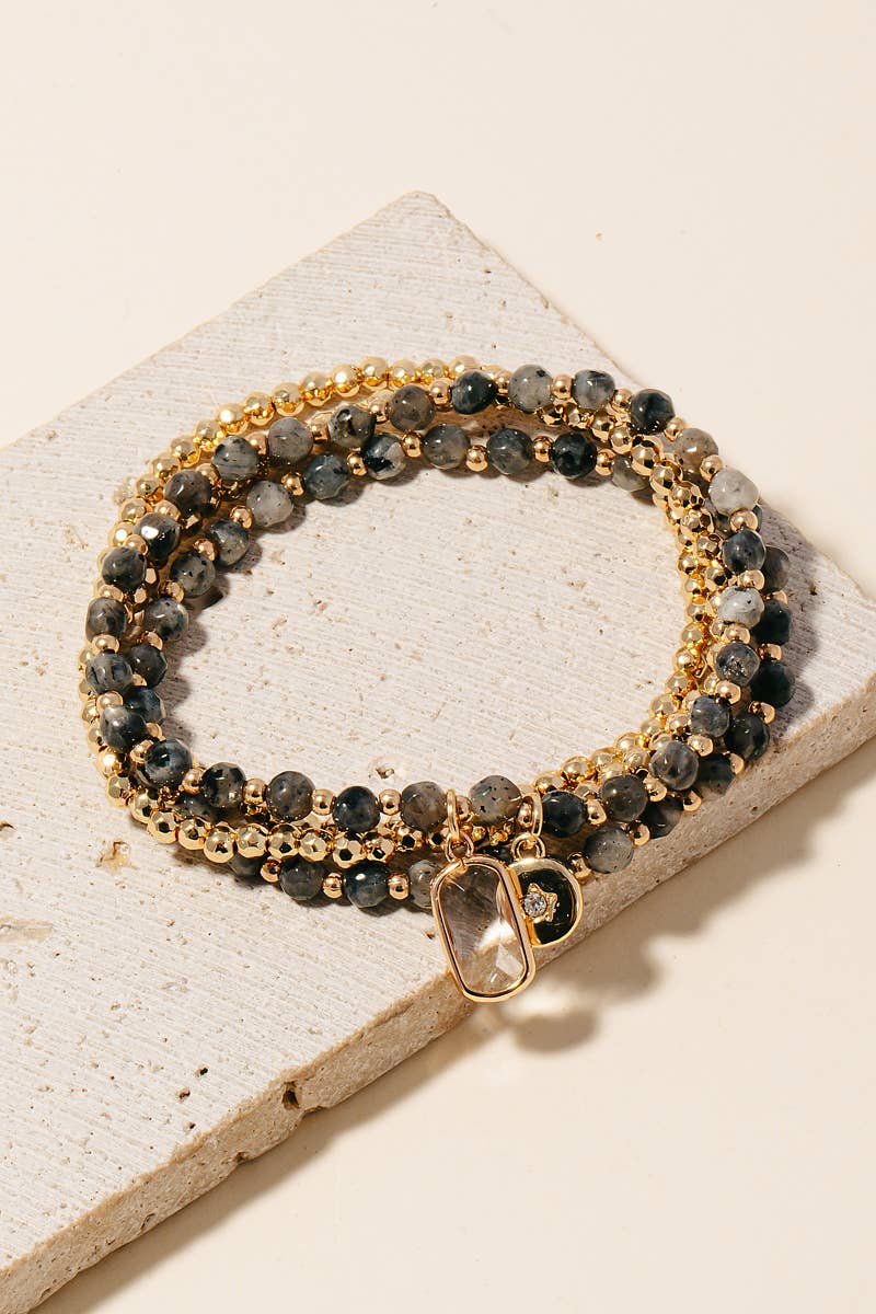 Rectangle Gem And Disc Charm Beaded Bracelet Set - Moss