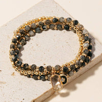 Rectangle Gem And Disc Charm Beaded Bracelet Set - Moss