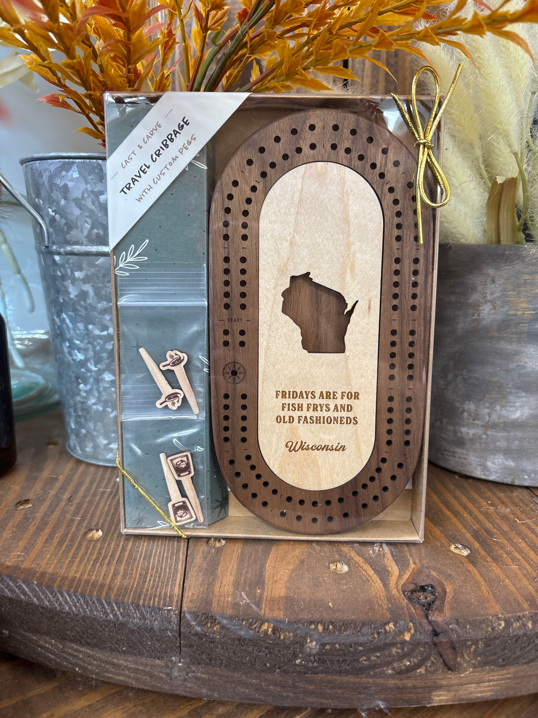 Wisconsin Mini Travel Cribbage Board Set: Fish Frys + Old Fashioneds