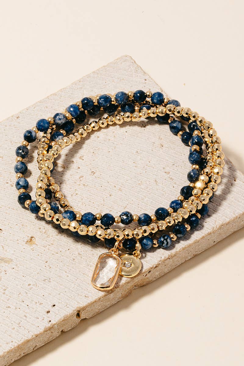 Rectangle Gem And Disc Charm Beaded Bracelet Set - Moss