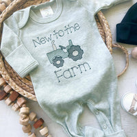 Baby Sage Romper | Baby Boy Outfit - Tractor New To The Farm