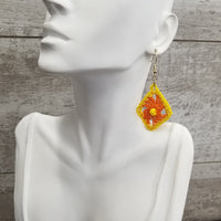 Orange Diamond with Yellow Bead Crochet Earrings