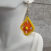 Orange Diamond with Yellow Bead Crochet Earrings