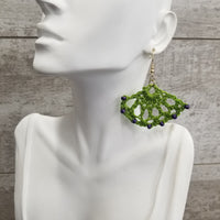 Beaded Green Fan Crochet Earrings