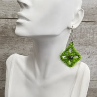 Green Diamond with Metallic Bead Crochet Earrings