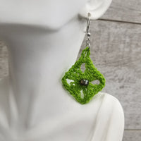 Green Diamond with Metallic Bead Crochet Earrings