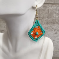 Orange Diamond with Blue Bead Crochet Earrings