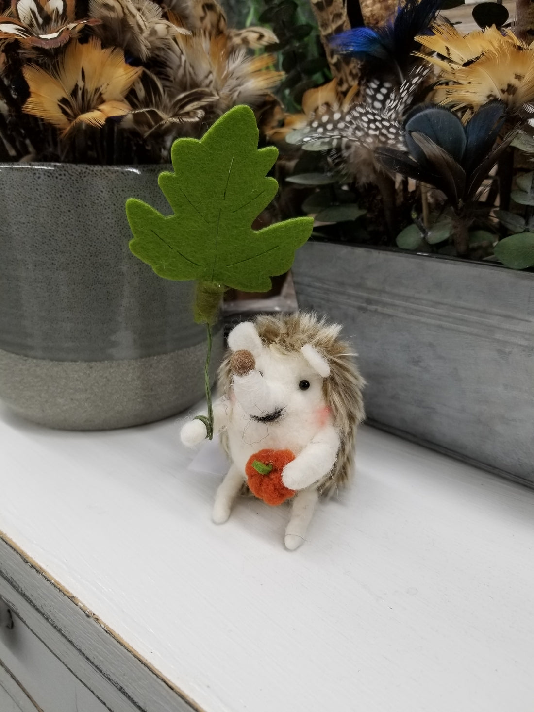 Felt Hedgehog With Pumpkin And Leaf