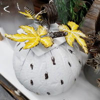White Metal Pumpkin With Leaves