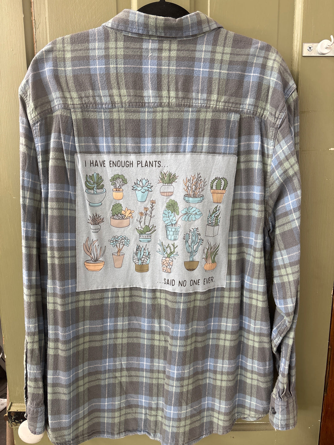 Repurposed Flannel Shirt with Enough Plants Patch