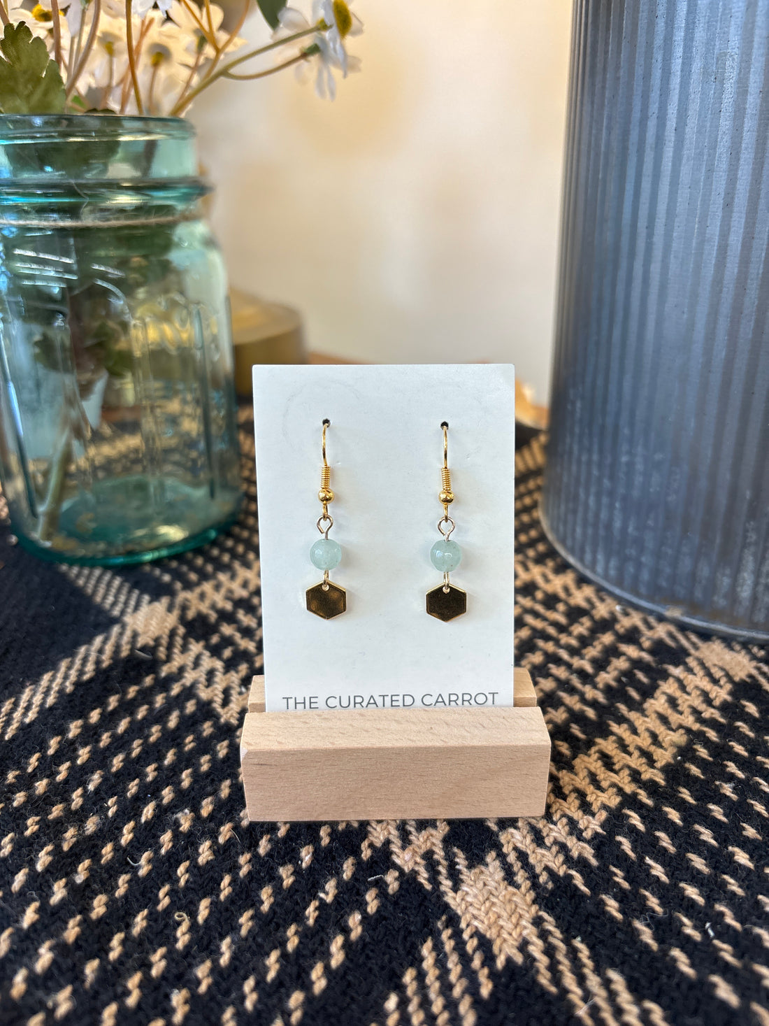 Gold Hexagon with Green Bead Drop Earrings