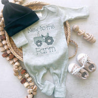 Baby Sage Romper | Baby Boy Outfit - Tractor New To The Farm