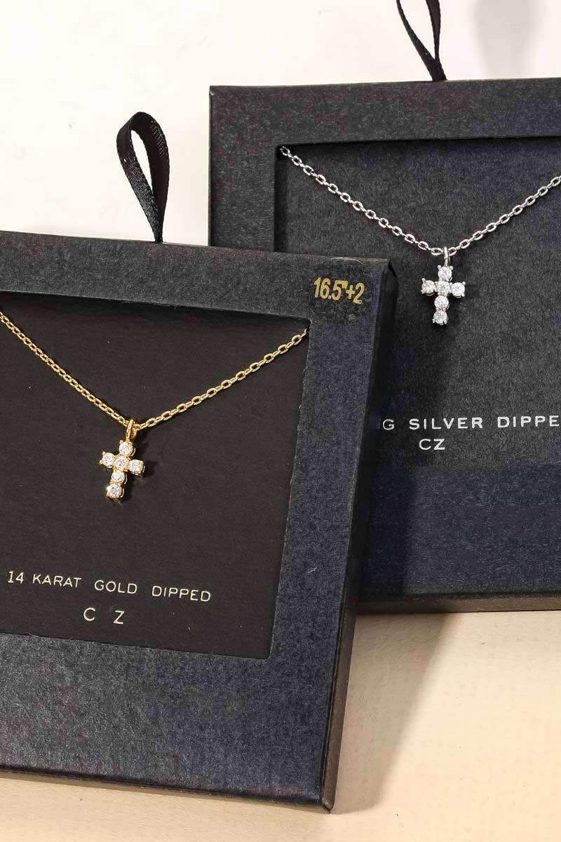 Secret Box Cubic Zirconia Mini Cross Charm Necklace - White Gold
