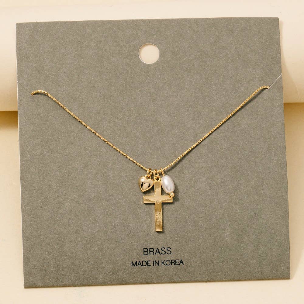 Cross Heart And Pearl Charms Chain Necklace