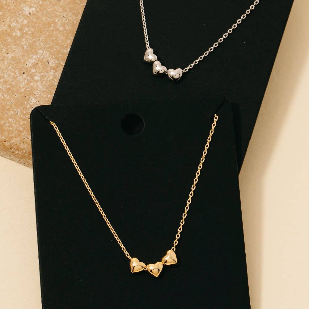Triple Heart Charms Chain Necklace - Silver