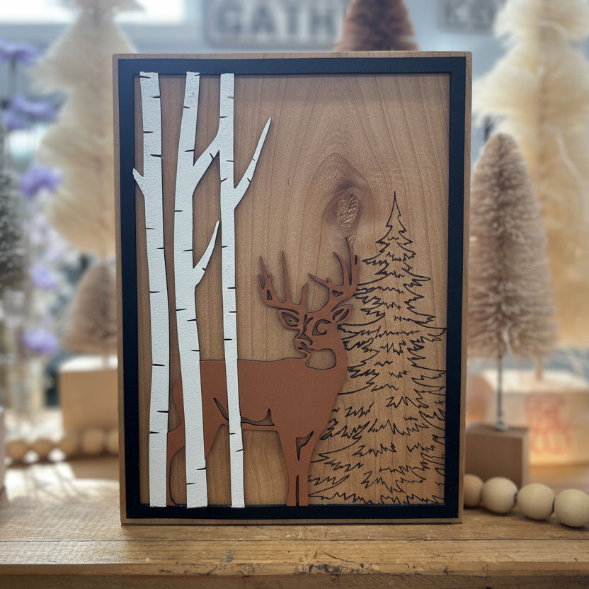 Deer In Birch Wooden Laser Sign