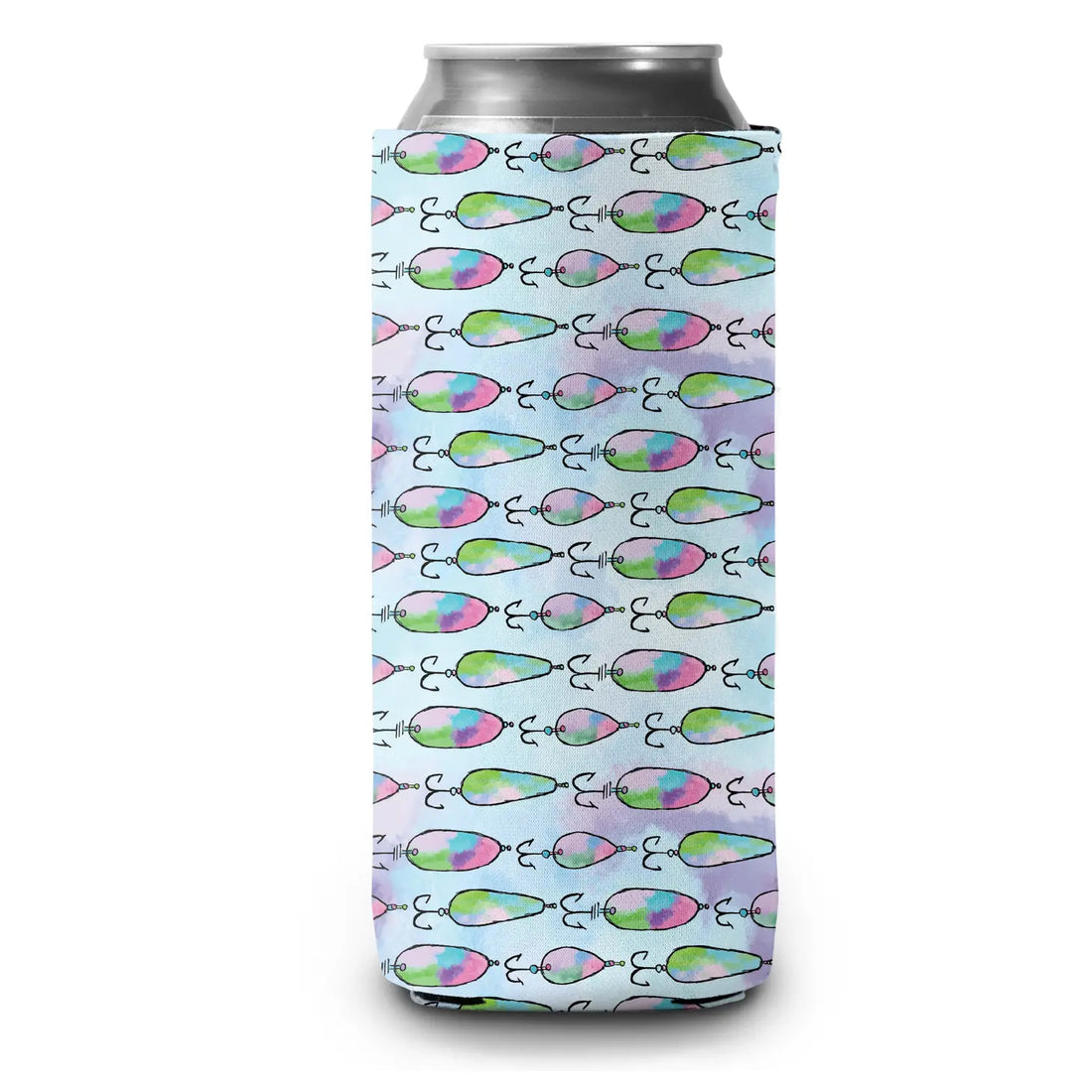 Tie Dye Fishing Lure Slim Can Cooler