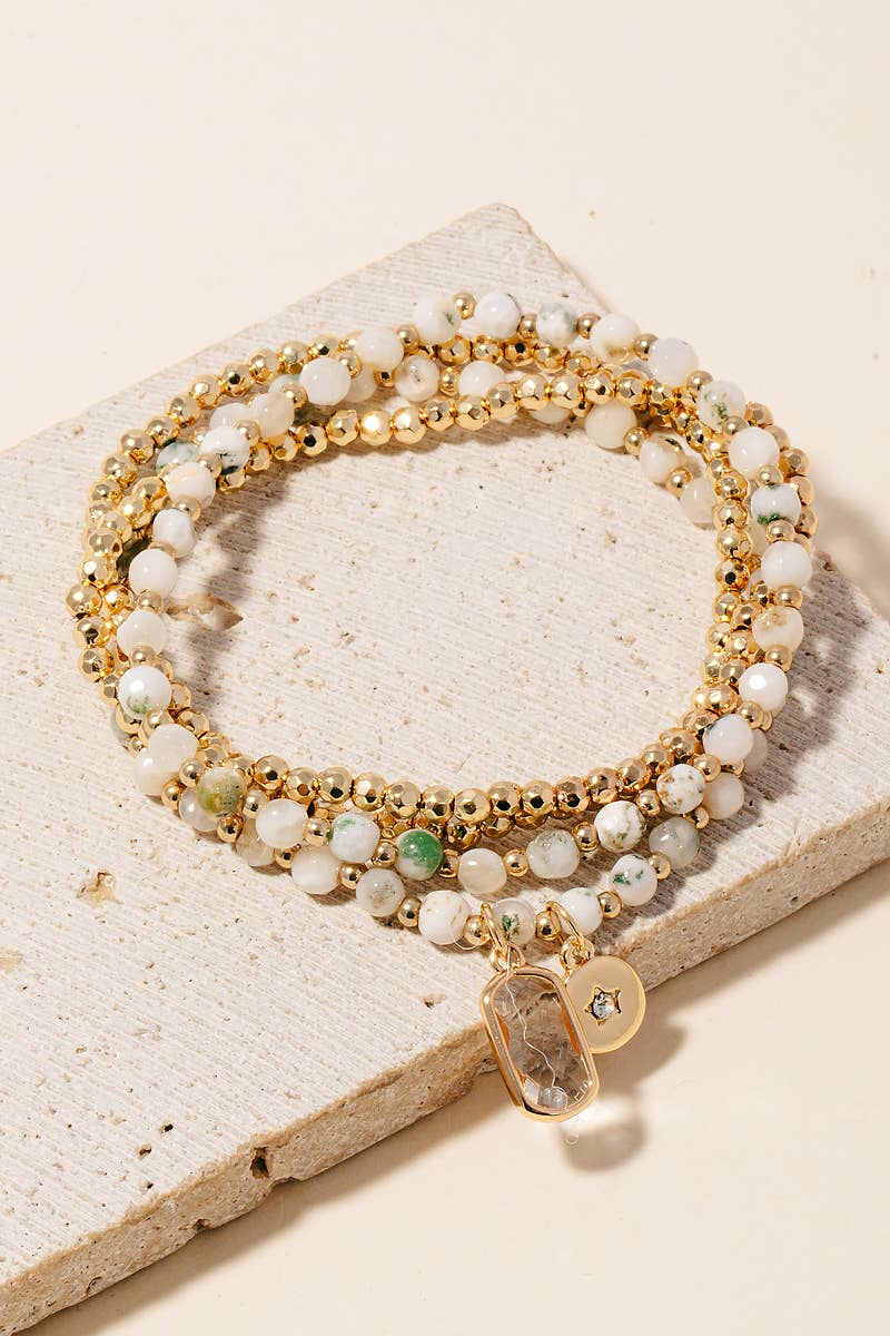 Rectangle Gem And Disc Charm Beaded Bracelet Set - Moss