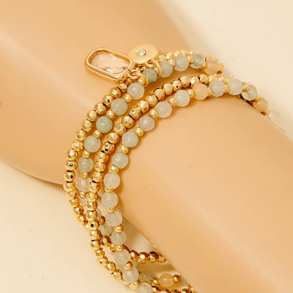 Rectangle Gem And Disc Charm Beaded Bracelet Set - Moss