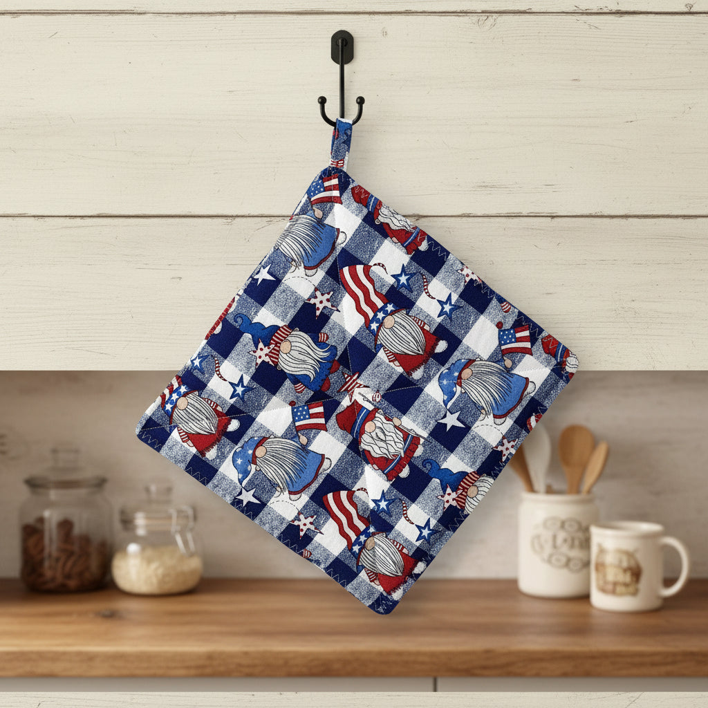 Patriotic Checkered Gnomes Hot Pad