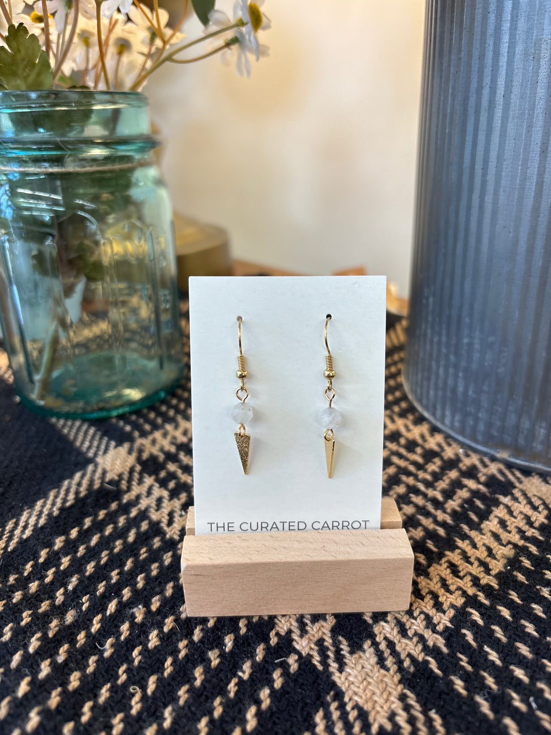 Gold Triangle with Clear Bead Drop Earrings
