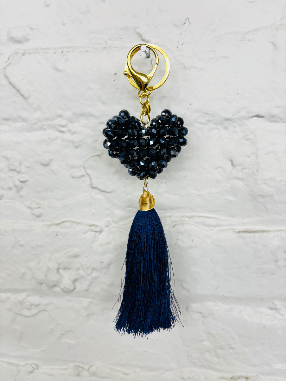 Navy Heart Beaded Keychain With Tassel