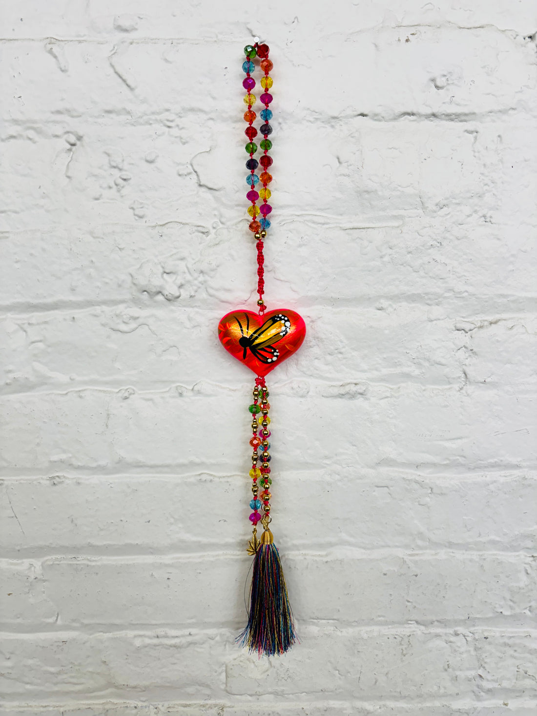 Pink Painted Heart Beaded Car Decor With Tassel