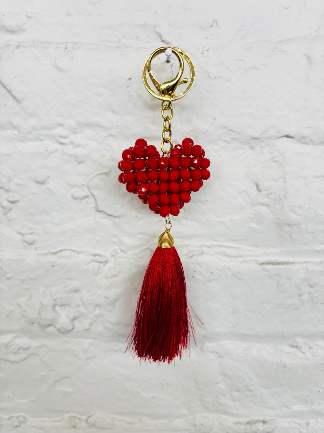 Red Heart Beaded Keychain With Tassel