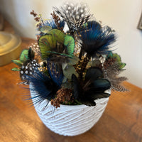 Pheasant + Duck + Guinea Fowl + Peacock Feather Flower Arrangement - White Leaf Pot