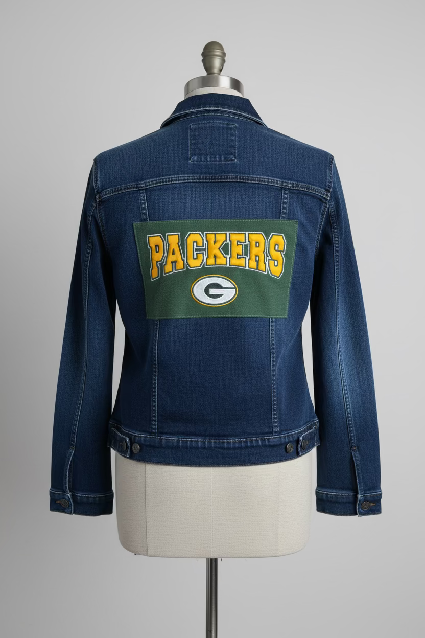 Repurposed Denim Jacket with Packers Patch
