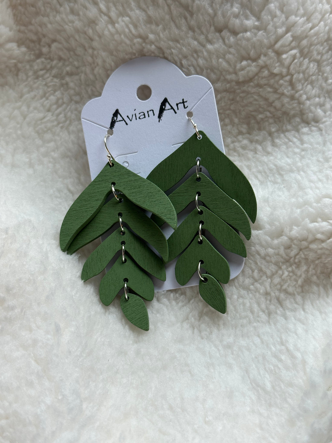 Wooden Green Fern Drop Earrings