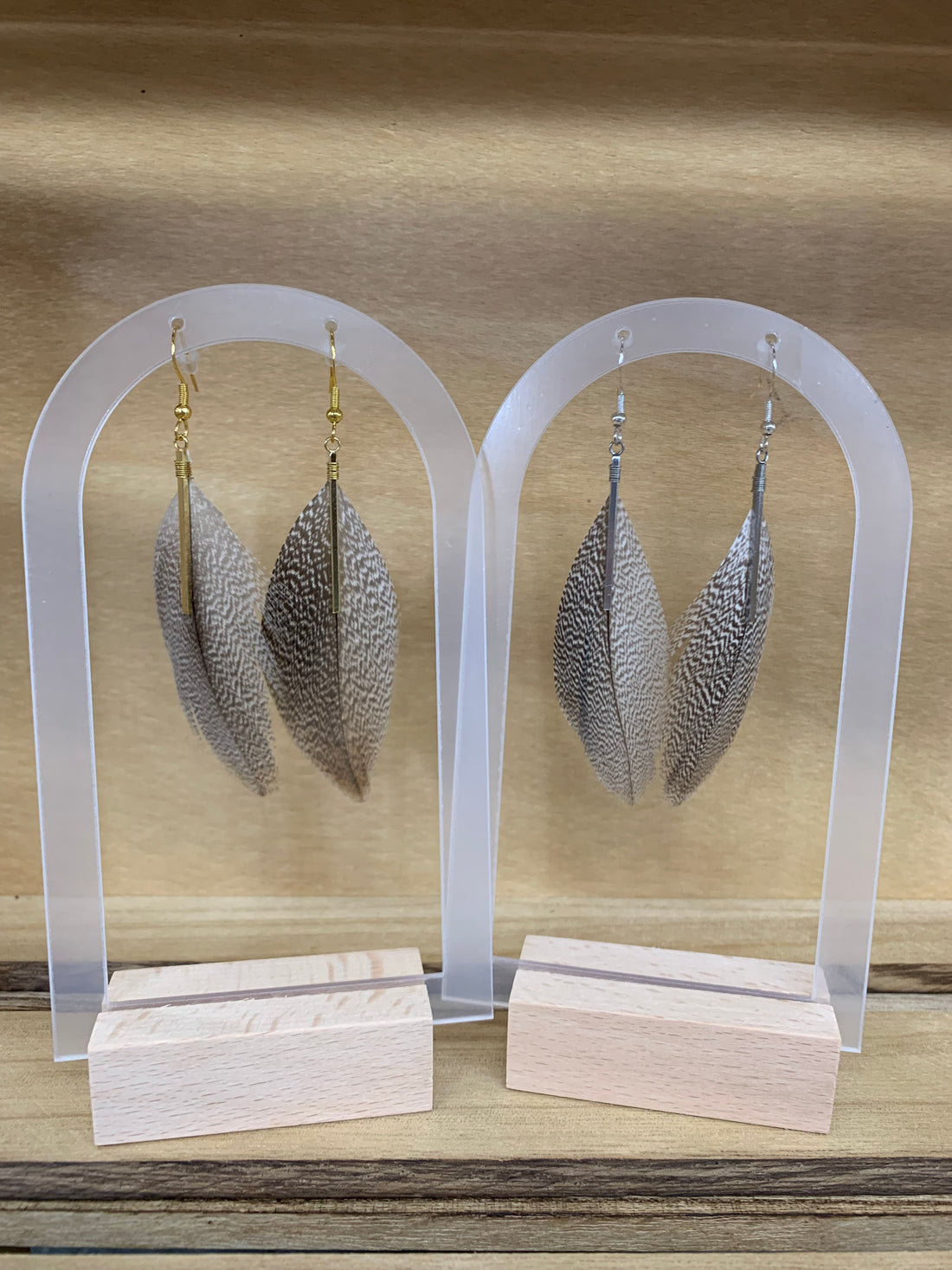 Speckled Duck Feather Drop Earrings