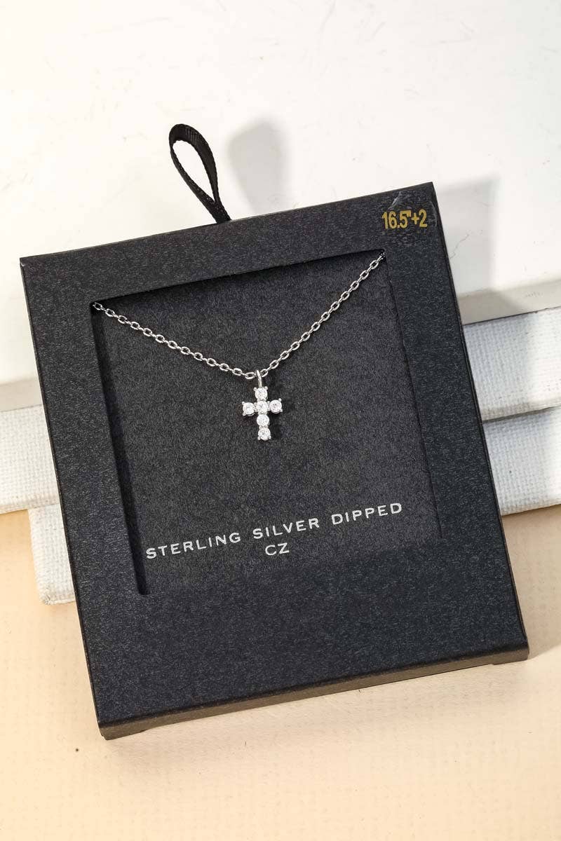 Secret Box Cubic Zirconia Mini Cross Charm Necklace - White Gold