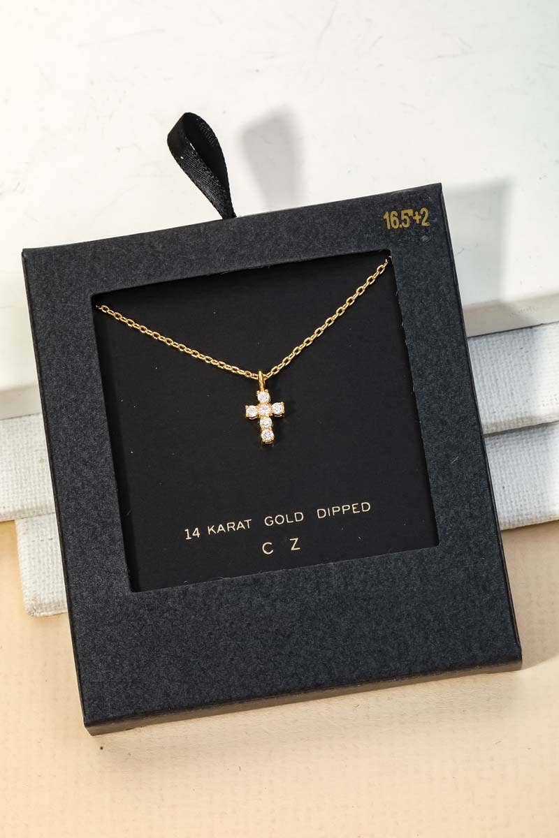 Secret Box Cubic Zirconia Mini Cross Charm Necklace - White Gold
