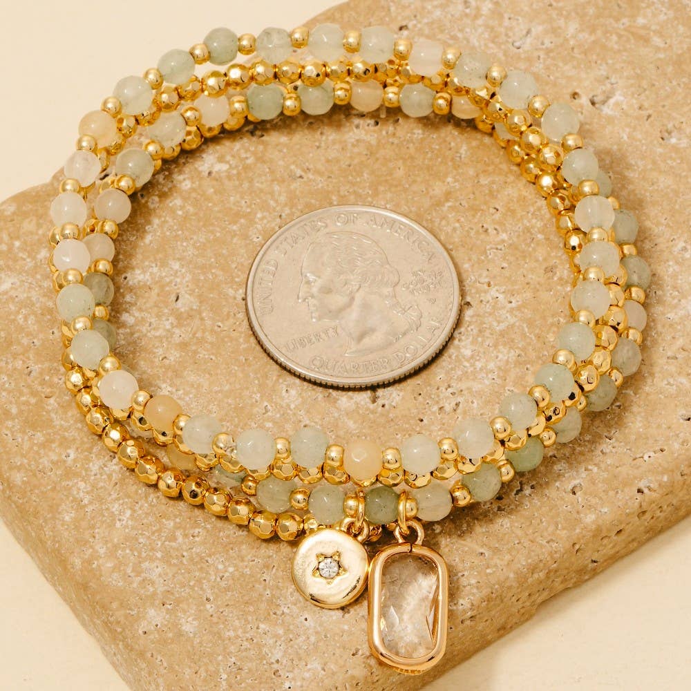 Rectangle Gem And Disc Charm Beaded Bracelet Set - Moss