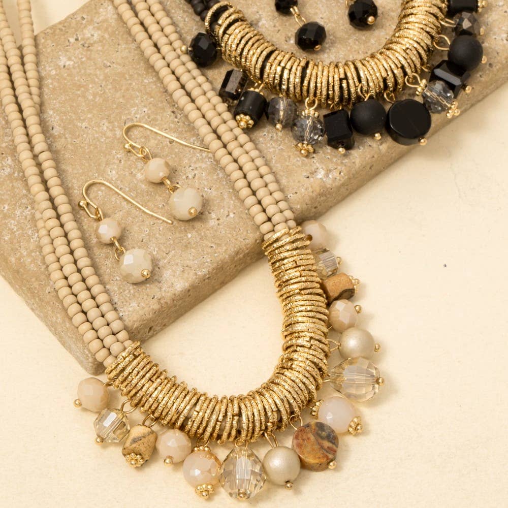Mixed Beaded Layered Statement Necklace Set - Black