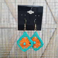 Orange Diamond with Blue Bead Crochet Earrings