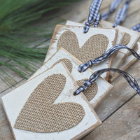 Burlap Heart Tag/Ornament with Buffalo Check Ribbon