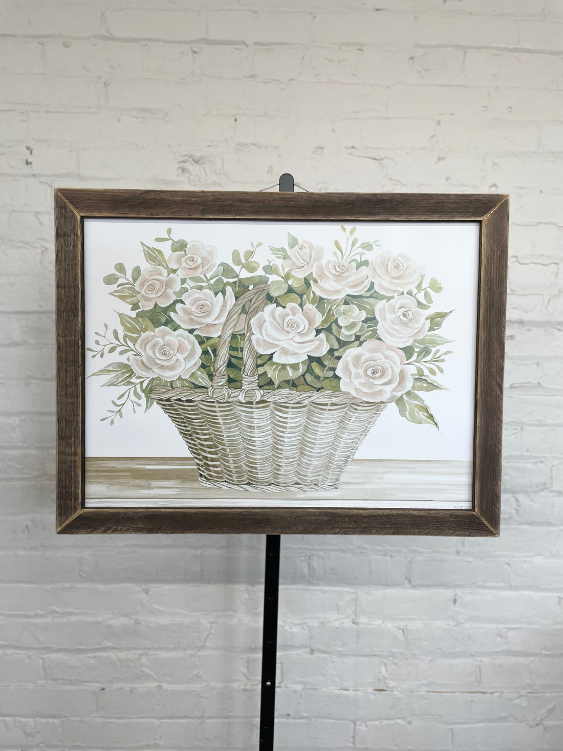 Jan Michaels' Rose Basket Hanging Sign - Brown Stain Frame