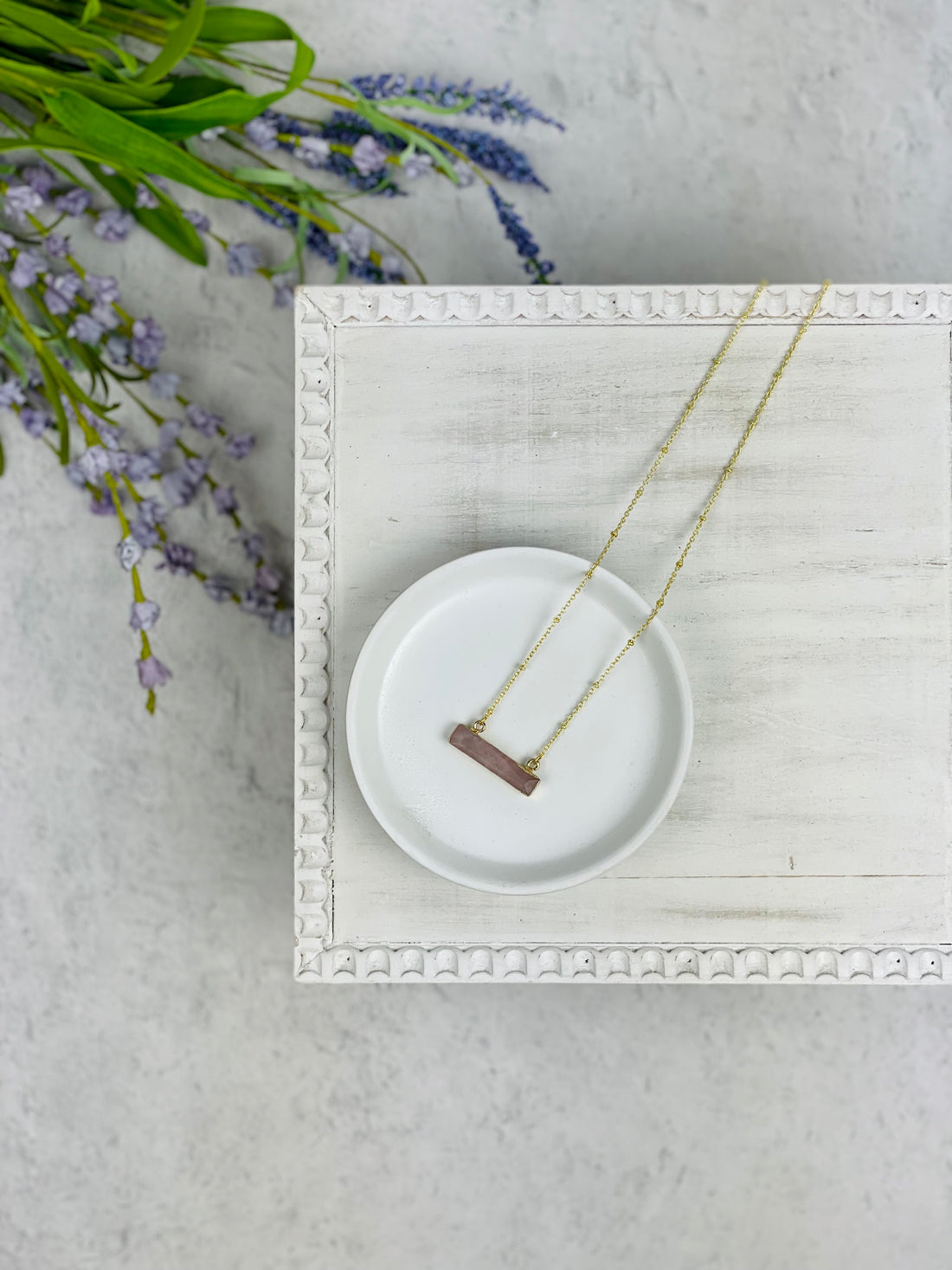 Gold Rose Quartz Bar Necklace